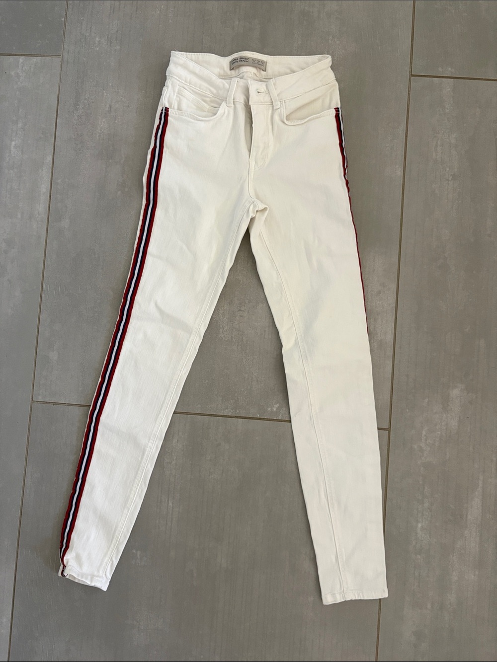 Zara White Skinny Jeans with Red & Black Side Stripes